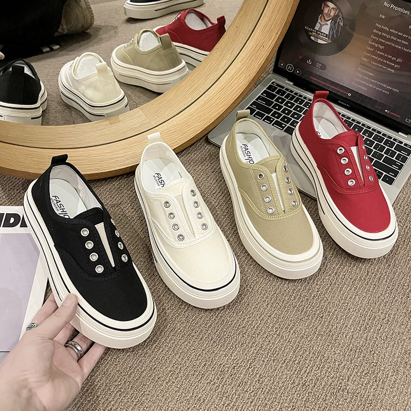 2025春夏新款红色一脚蹬圆头厚底百搭休闲板鞋帆布女鞋春秋低帮鞋