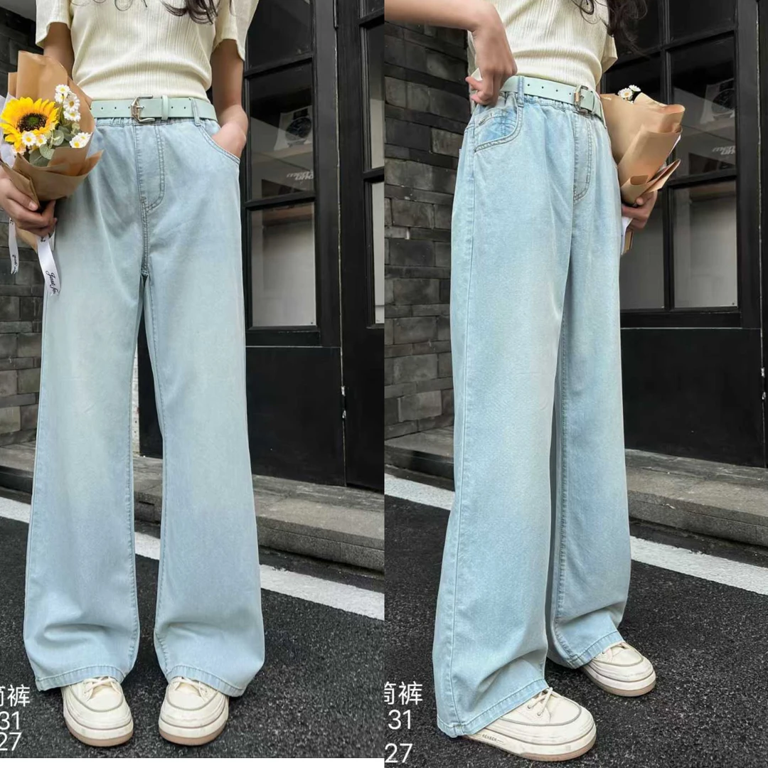 儿童薄款夏季无弹力高腰牛仔裤长裤刺绣纽扣