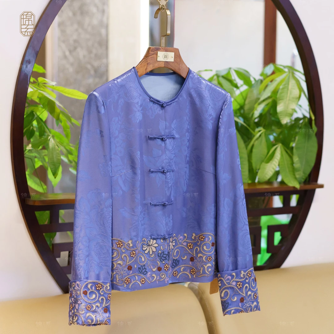 【锦系~新款】丝毛提花新中式桑蚕丝绣花圆领直襟长袖外套-E-382541