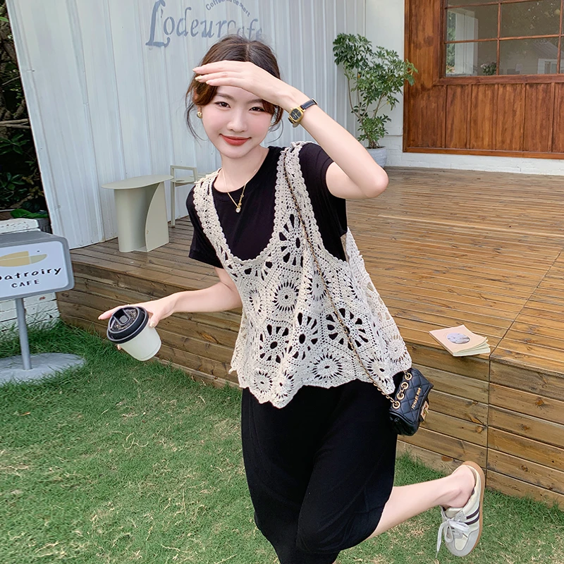 韩版黑色连衣裙套装女2025夏新款赫本风减龄镂空马甲T恤裙两件套