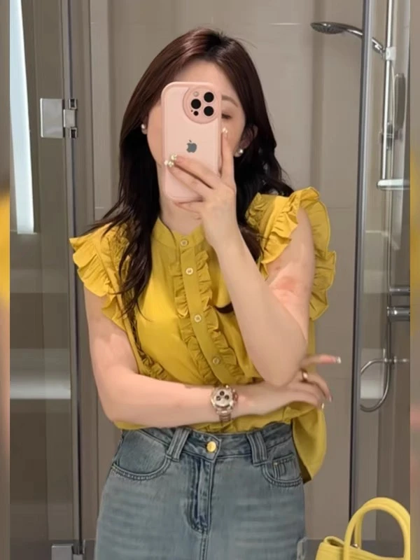 【611】法式木耳边无袖衬衫女夏日轻薄设计感洋气减龄小衫好看背心