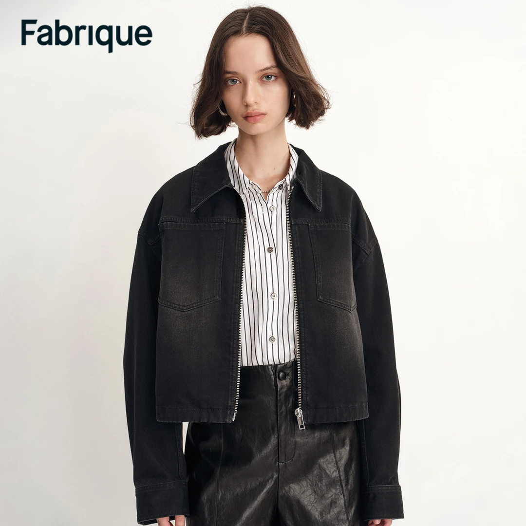 Fabrique Pike 【主角丹宁】早秋新品做旧灰黑短款箱型牛仔夹克外套
