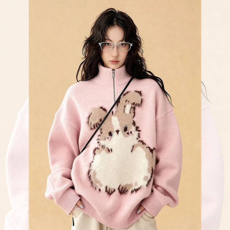 别致独特漂亮小衫洋气衣服女装秋冬粉色半拉链兔子提花针织衫上衣