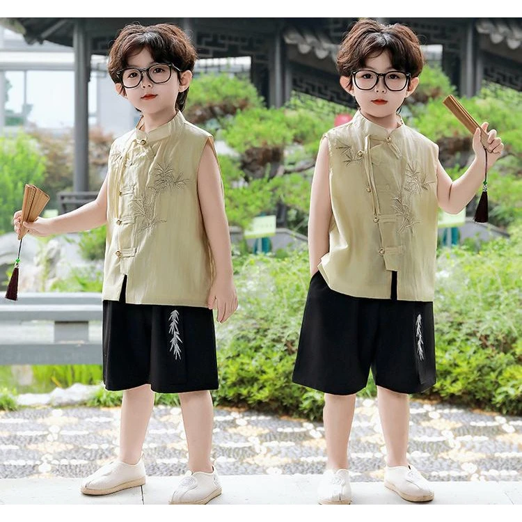 2025新款夏季男童时尚百搭国风刺绣薄款夏装两件套短裤马甲儿童服