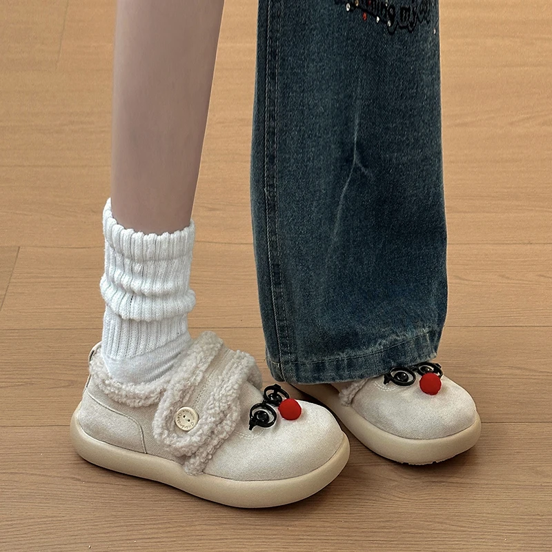 可爱眼镜小丑单鞋外穿女极简风纯色轻职风格子韩版休闲风棉鞋学院