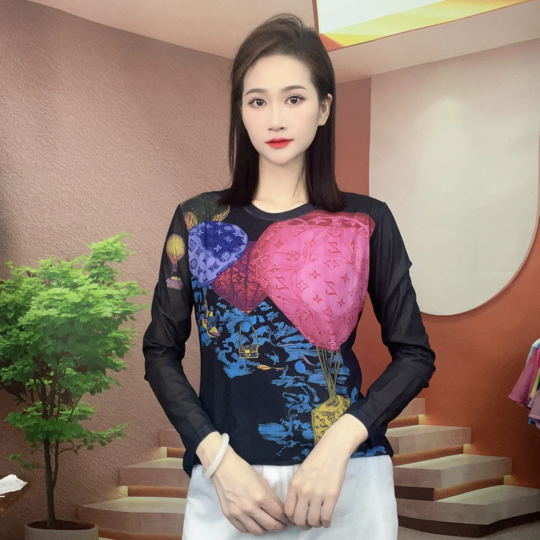 2025夏季新款时尚百搭显瘦气质肌肤纱长袖圆领T恤印花上衣A157