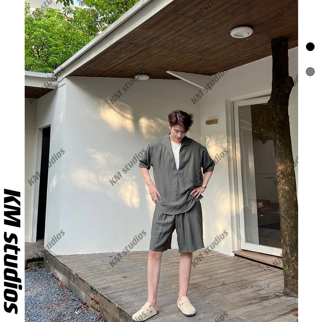 KM studios 亚麻轻奢老钱风假两件短袖套装夏季新款休闲百搭男女