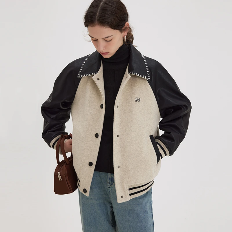 【清仓】复古学院风撞色贝壳绣拼皮刺绣球服加厚棉衣FD23W136