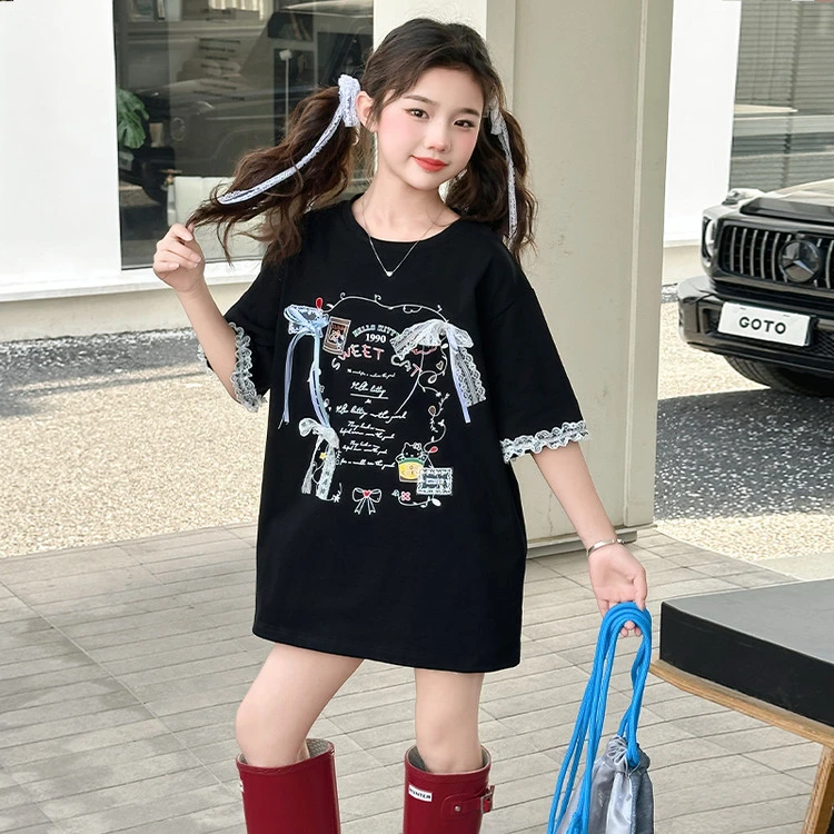 蝴蝶结飘带女童夏装短袖T恤2025新款儿童上衣大童洋气夏季衣服潮t