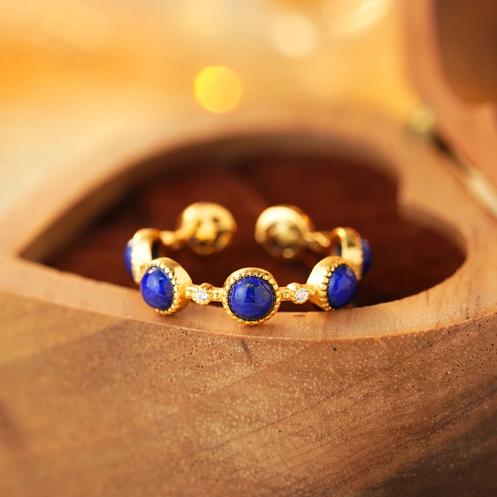 御臻珠宝｜青金石｜S925银｜复古轻奢蓝色戒指小众设计开口指环高级