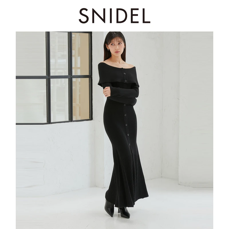 SNIDEL2025秋季新品气质淑女一字领露肩纽扣针织连衣裙SWNO251037
