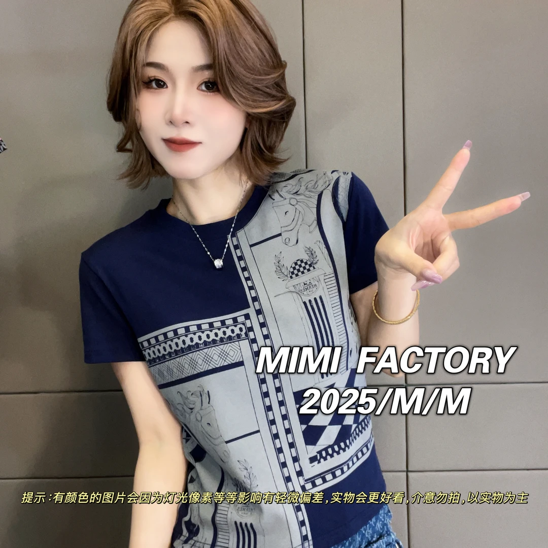 芈芈 2025新款短袖 欧货复古马短袖T恤女修身显瘦时尚休闲百搭