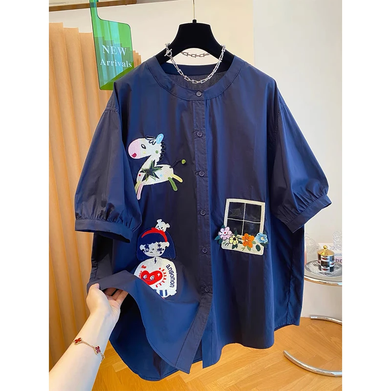 洋气欧货大版衬衫女短袖2025新款宽松刺绣中长款慵懒风遮屁股上衣