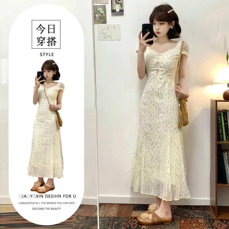 2025初夏穿搭独特漂亮掐腰连衣裙女超温柔减龄蕾丝拼接碎花长裙子