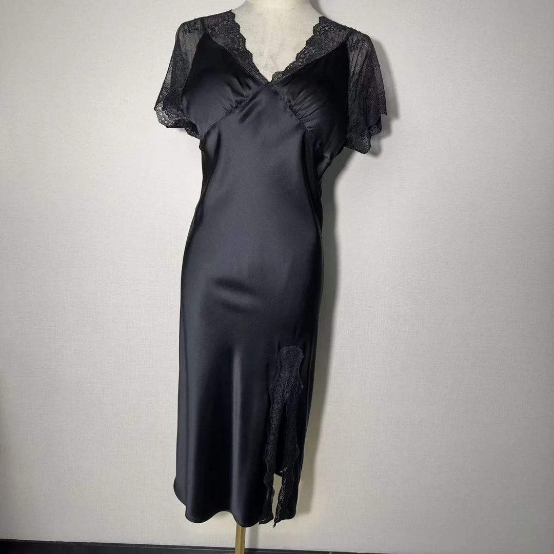 【桑蚕丝睡衣工厂】睡衣蕾丝性感杯垫重磅100桑蚕丝连衣裙S2026-2