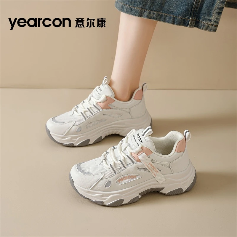 YEARCON/意尔康2025年女士新款厚底增高老爹鞋秋季网面透气休闲鞋