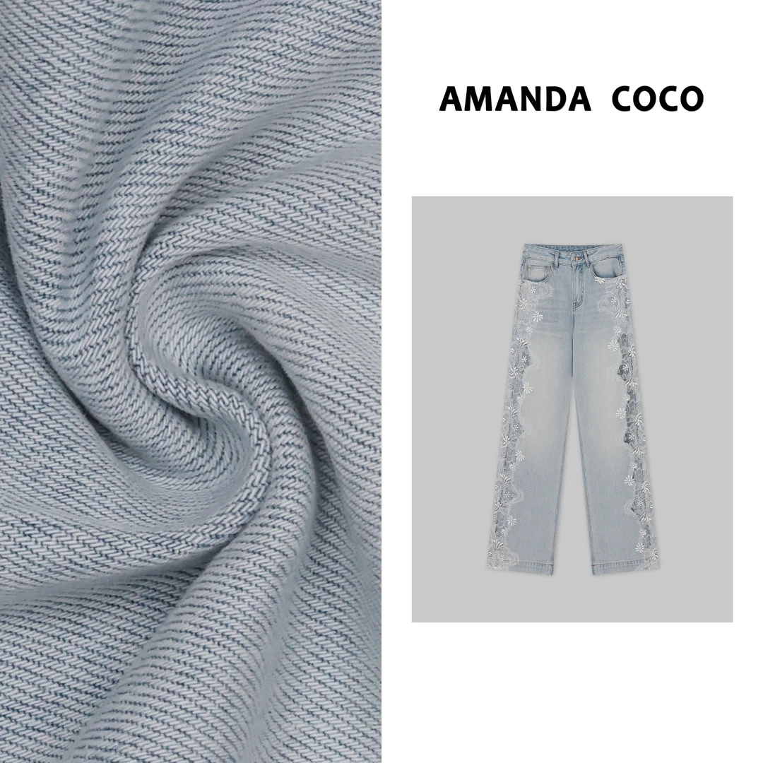 蕾丝美学～2025夏季高级感镂空蕾丝拼接直筒牛仔阔腿裤