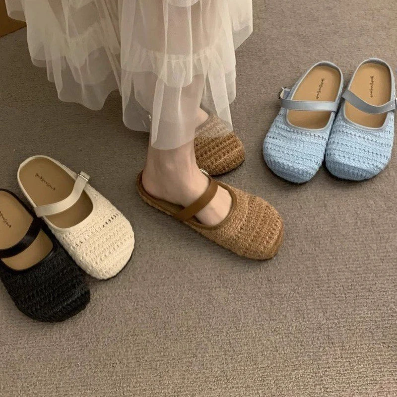 2025新款夏季外穿包头镂空半拖鞋女配裙子一字扣带拖鞋一脚蹬凉拖