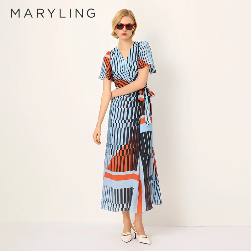 MARYLING玛俪琳2025春季新品V领不对称腰节真丝茶歇裙A1FCW63140