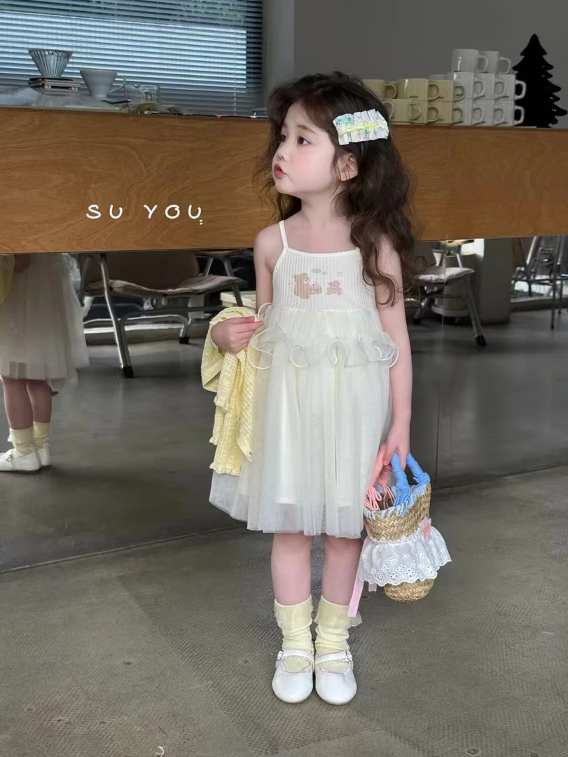 【苏右】夏款女童吊带纱裙杏色小熊印花网纱裙662126