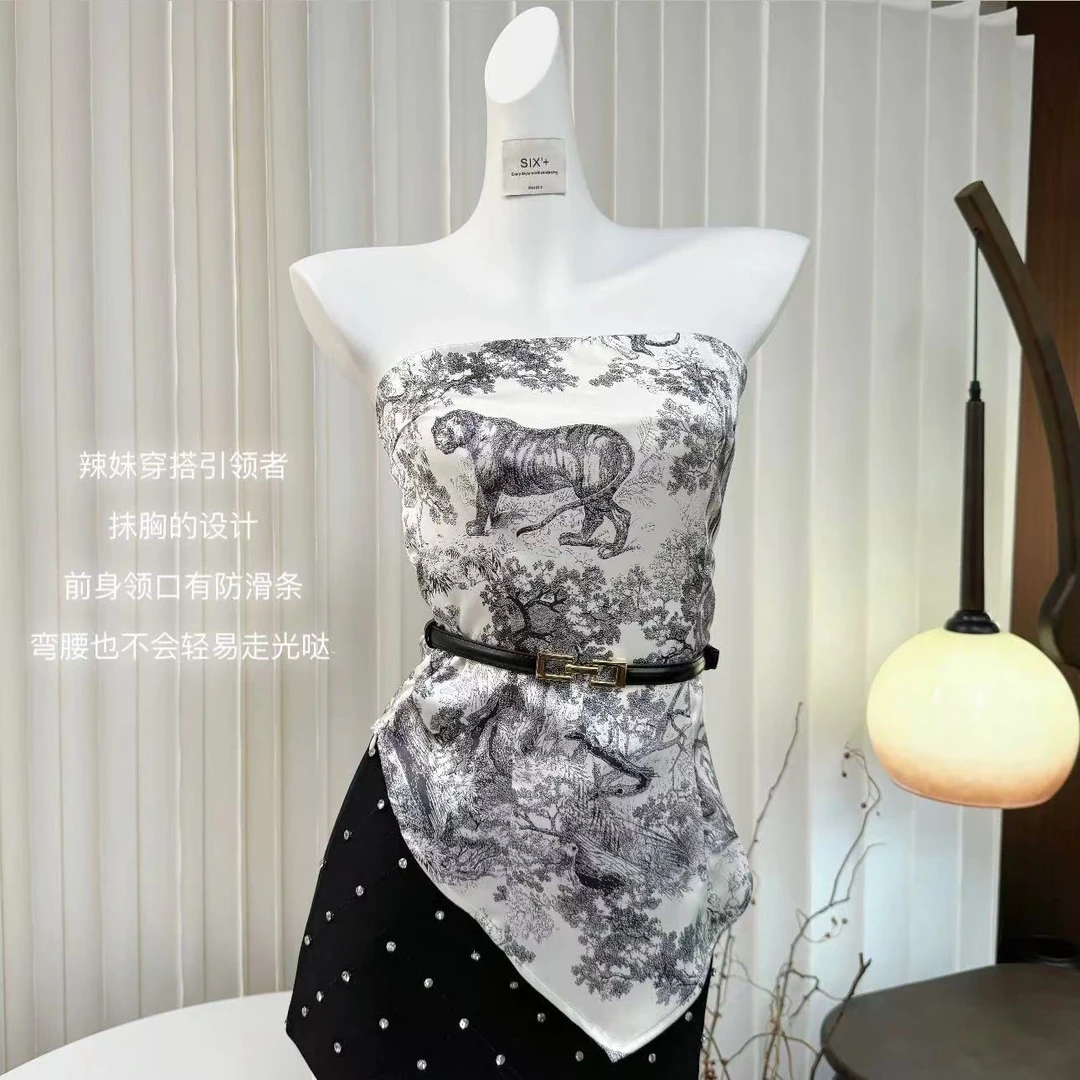 <NO退NO换>水墨一字肩抹胸上衣女夏不规则吊带背心