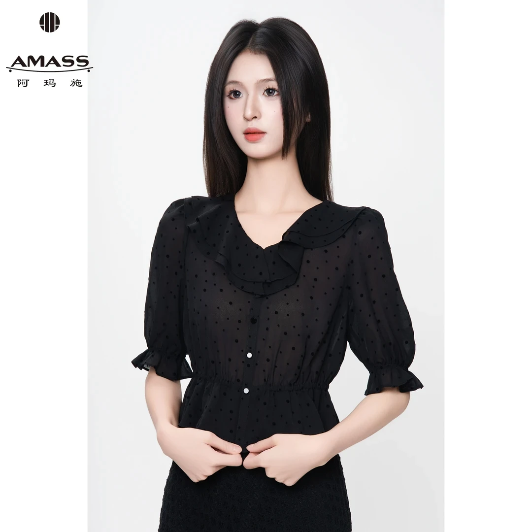 AMASS/阿玛施夏季新款气质复古法式波点V领花边泡泡袖衬衫 530093