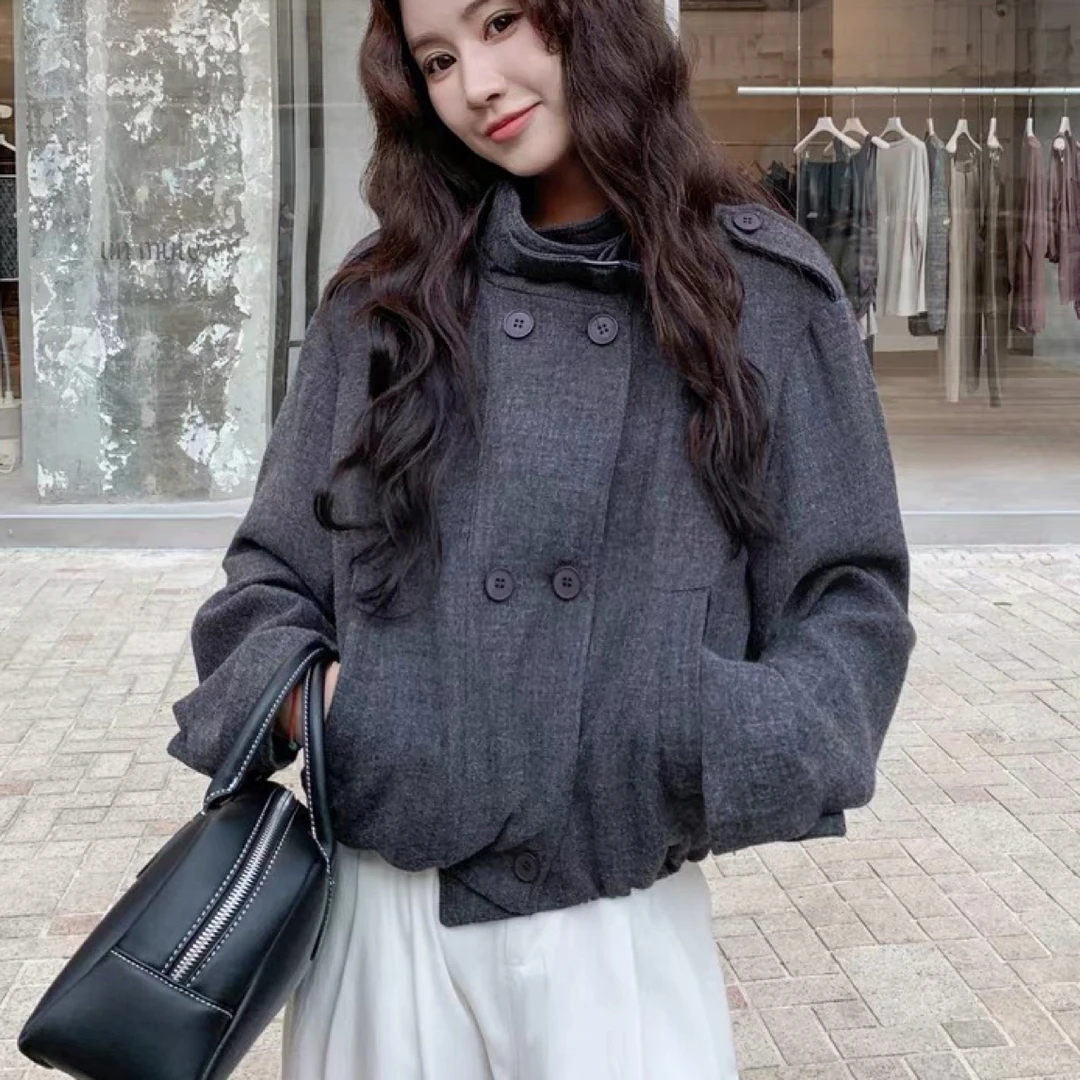 8808次品清仓灰色双排扣加厚毛呢外套找样