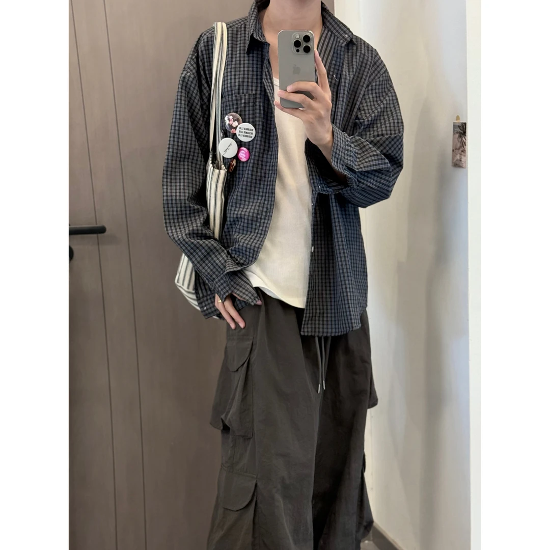 25复古格子长袖ins衬衫夏季小众设计情侣宽松休闲上衣