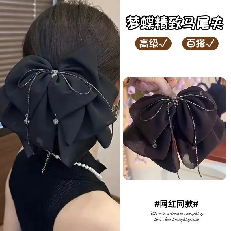 法式赫本风高级感气质蝴蝶结流苏抓夹显脸小后脑勺盘发半扎发发饰