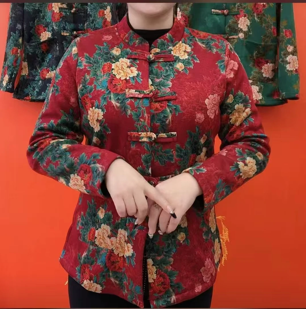 【三色牡丹】秋冬新款加绒开衫中老年妈妈碎花加厚宽松