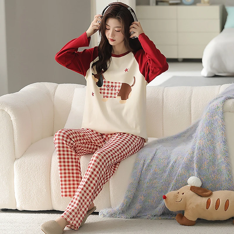 秋冬季新款睡衣女士长袖长裤两件套套装卡通腊肠狗家居服可外穿
