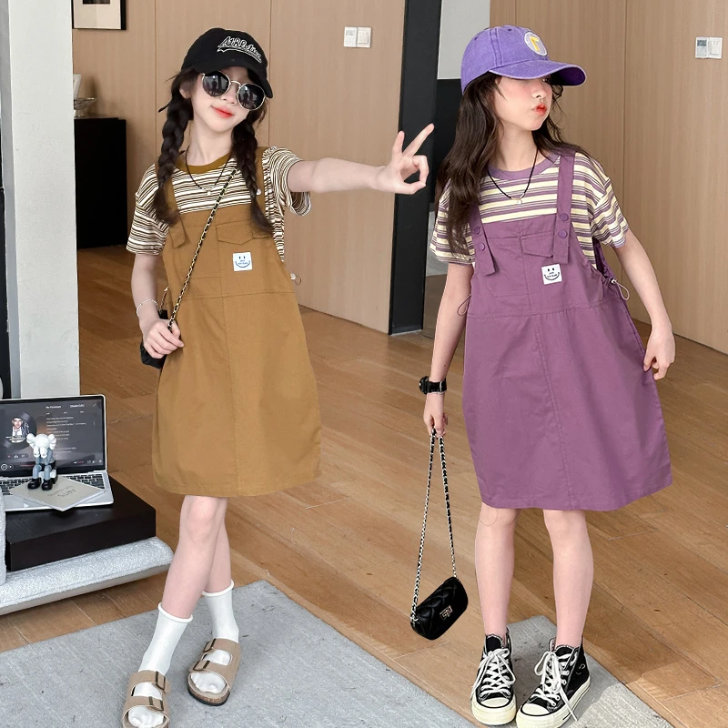 女童夏季背带裙套装2025新款洋女孩裙子儿童夏装短袖6-12岁两件套