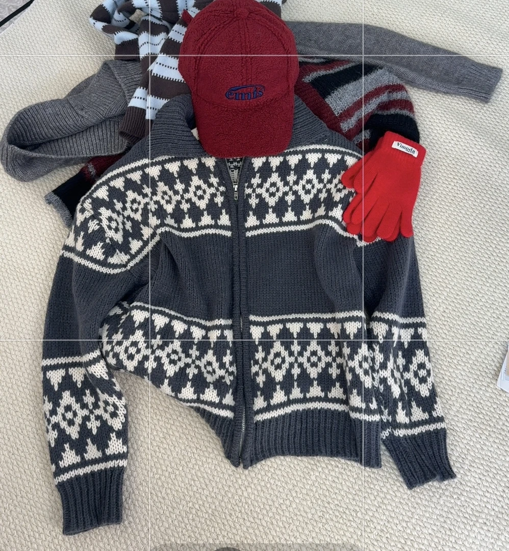 韩国chic秋冬复古翻领撞色提花设计宽松休闲长袖针织开衫