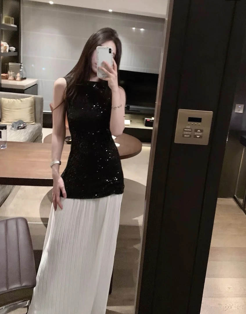 【法式大女主】性感露背亮片拼接雪纺优雅长款裙子