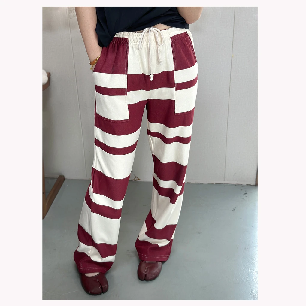 ZR079 秋季新款宽松抽绳松紧腰拼色条纹女士直筒休闲长裤