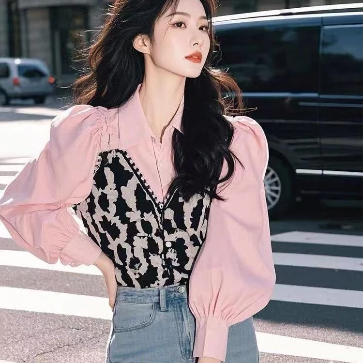 粉色高级感拼接假两件长袖衬衫女春秋季设计感别致超好看漂亮上衣