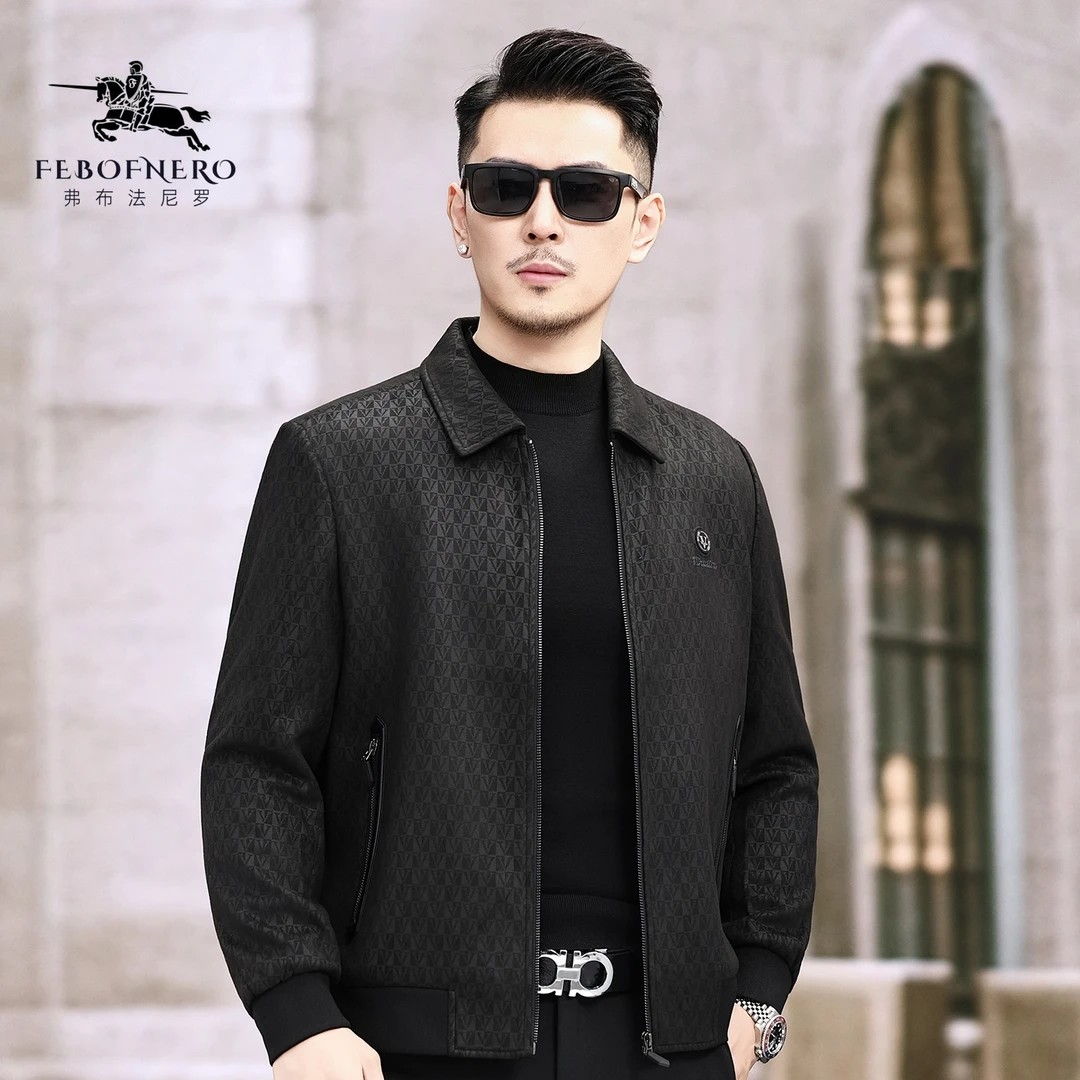 高级仿麂皮绒夹克秋季新款潮流印花翻领男装时尚休闲男士上衣外套