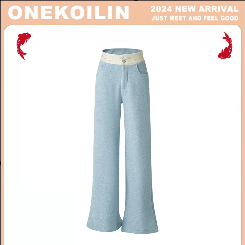 &OneKoilin“冰蓝幻想”定制毛巾绣植物染加厚加绒烫钻直腿裤 BLHX