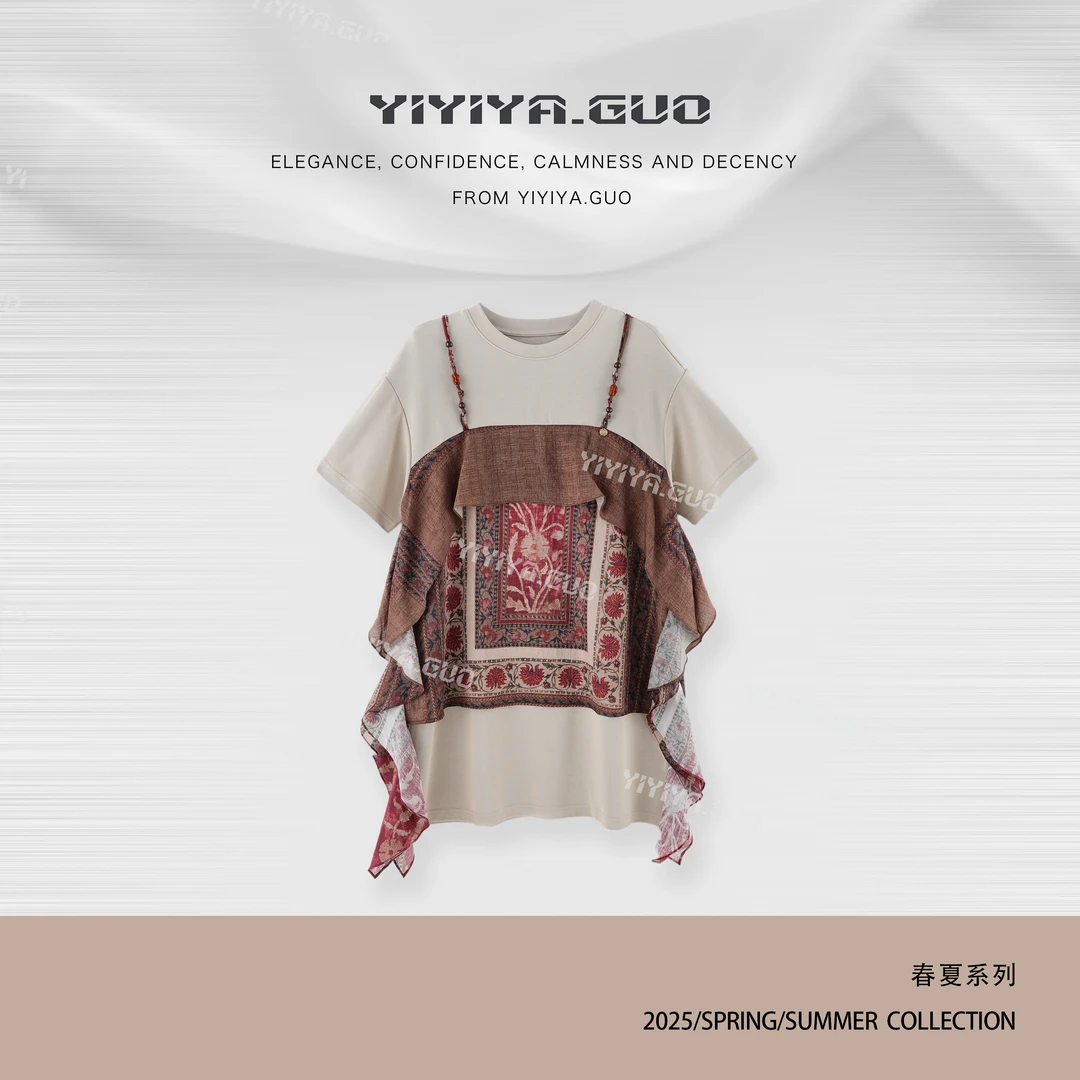 yiyiya.Guo艺艺吖复古拼接碎花短袖圆领上衣2048SS52