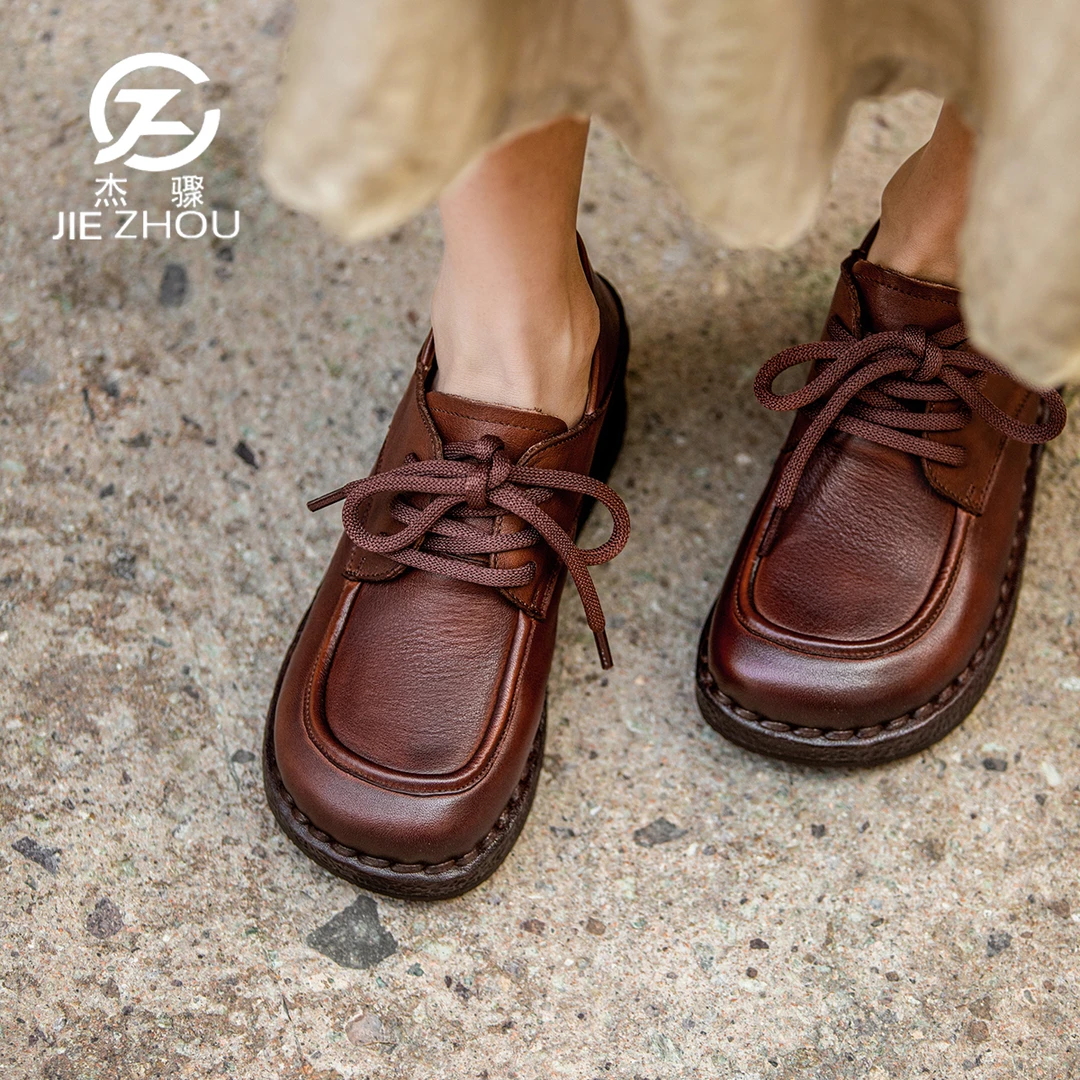杰骤春秋款厚底舒适防滑妈妈皮鞋女牛皮系带单鞋真皮牛筋软底女鞋