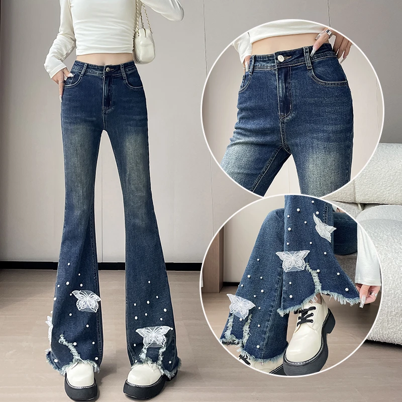 蕾丝蝴蝶流苏钉珠微喇牛仔裤女2025年秋季新款设计感时尚喇叭裤子