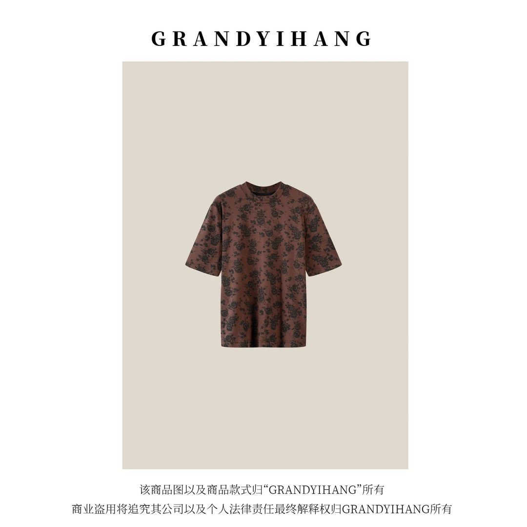 【艳姐推荐】夏季新款时尚简约气质玫瑰花短袖T恤上衣23803