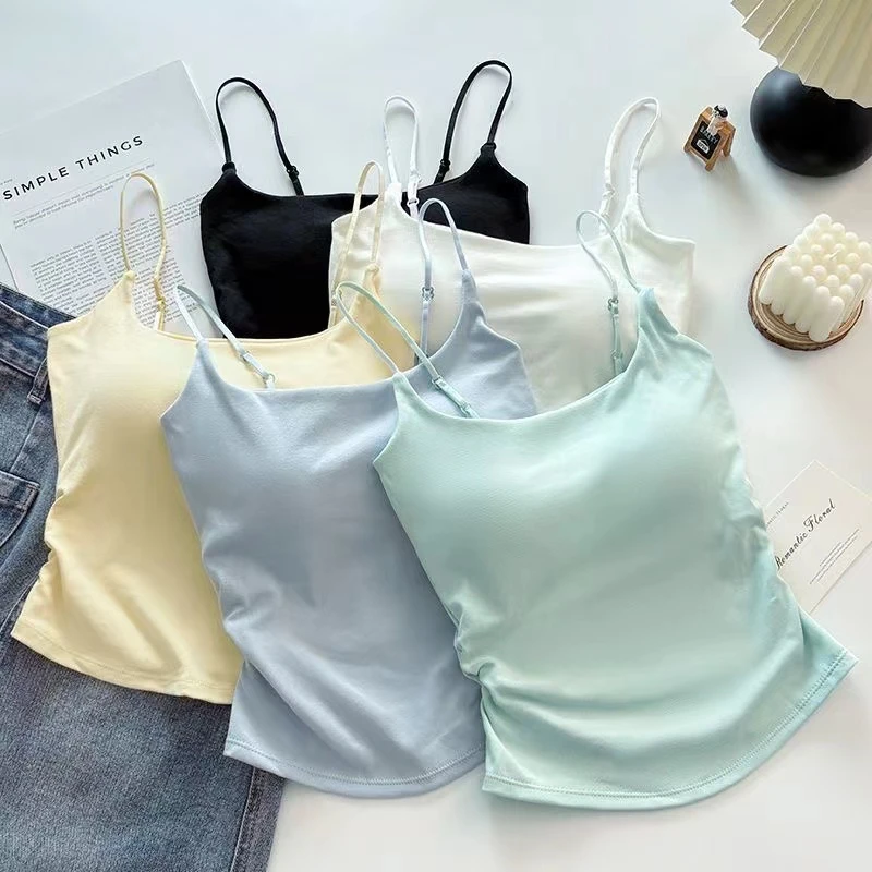 新款甜辣纯欲褶皱设计感外穿内搭吊带背心女带胸垫修身美背上衣夏