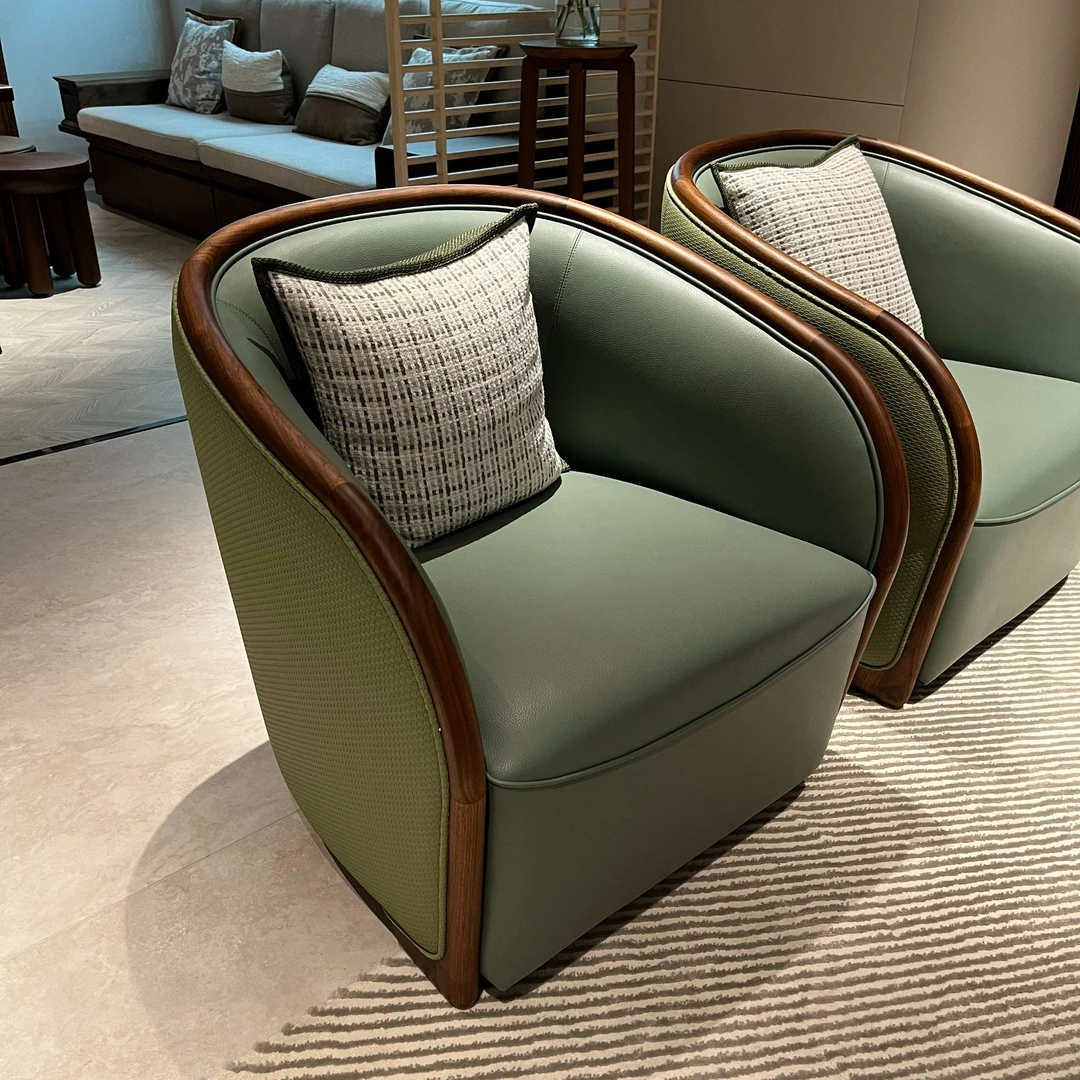 现代简约中式轻奢美式北美黑胡桃木 头层牛皮 休闲椅 沙发椅