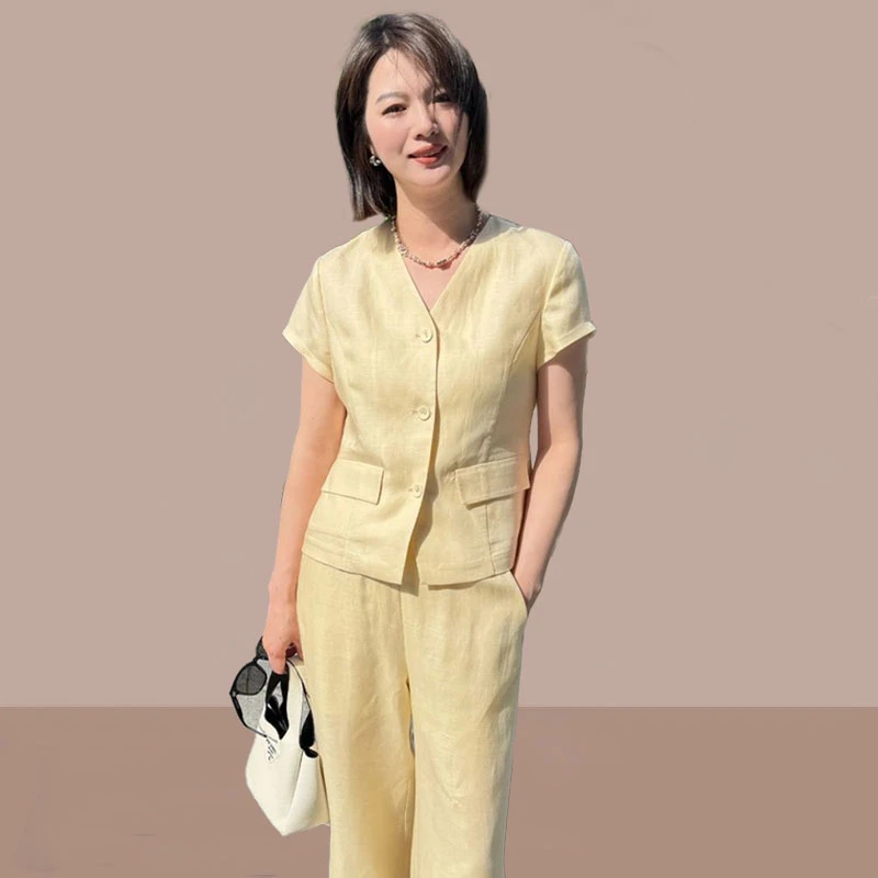 气质休闲简约套装女2025年夏季新款显瘦V领上衣松紧腰长裤两件套