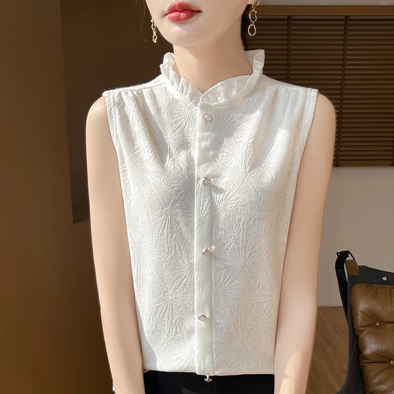 洋气木耳花边无袖女款针织白色2025打底背心内搭夏季新款女上衣