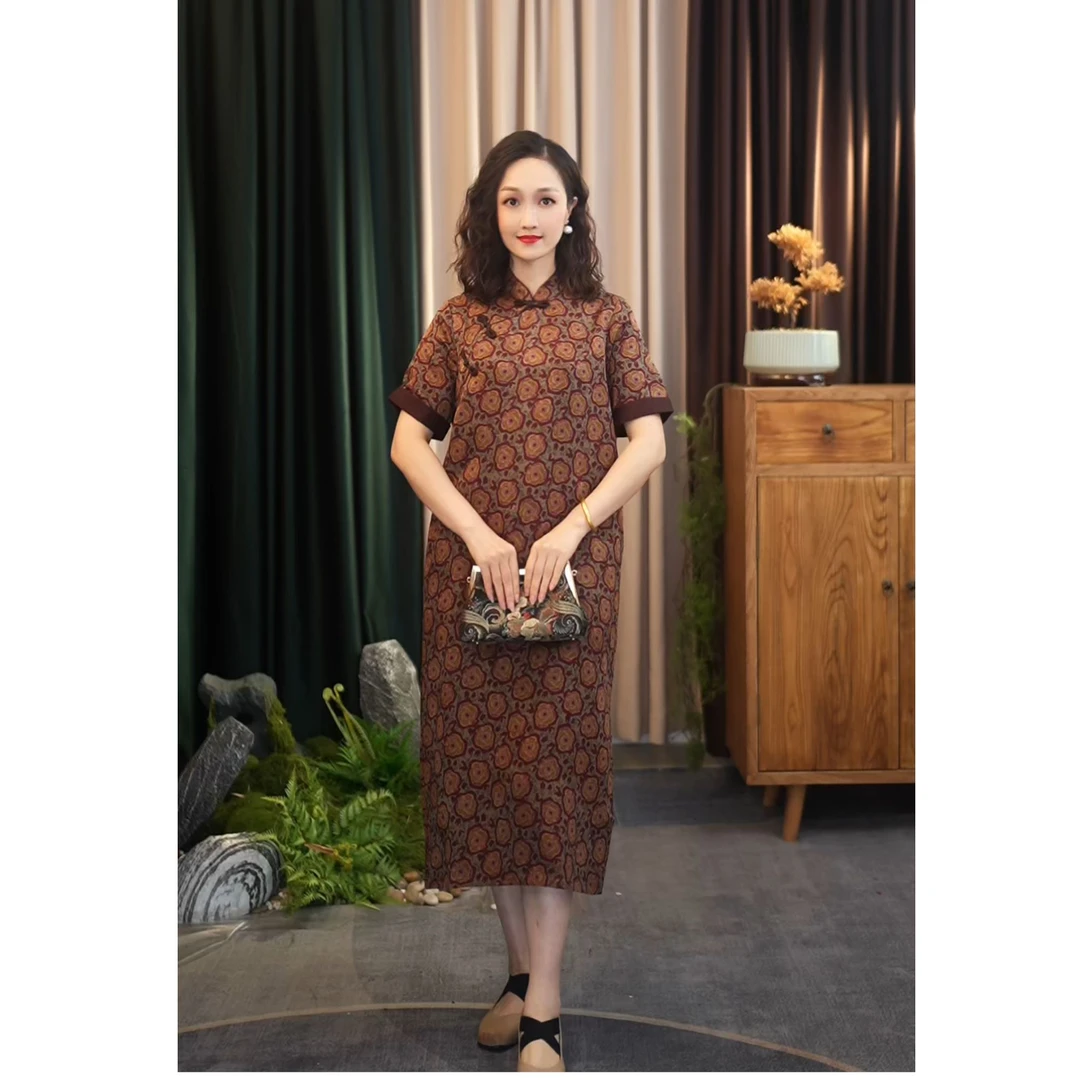 【辰辰高定】气质中式显瘦款桑蚕丝香云纱玫瑰图连衣裙女 Y2024135Y