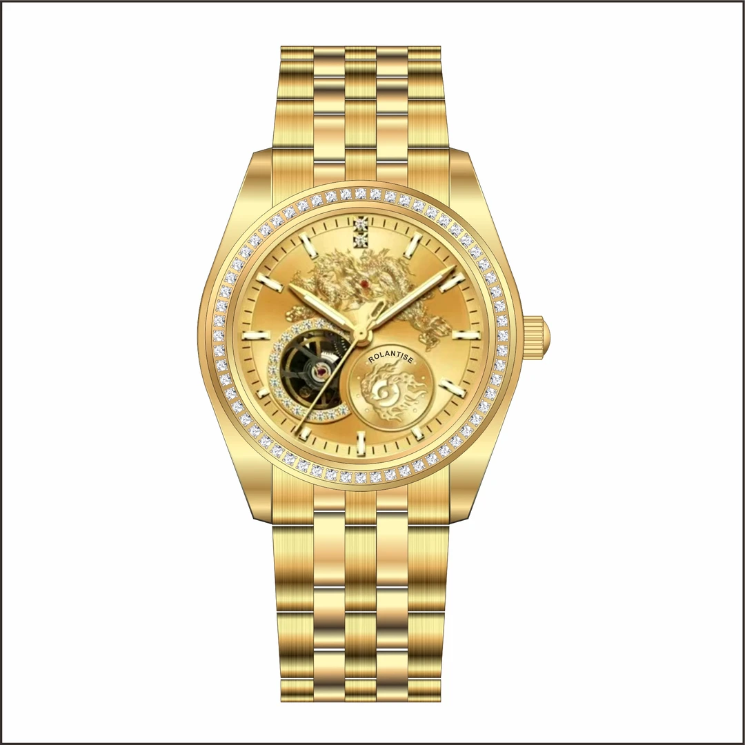 瑞士品牌ROLANTISE【龙潜金辉】系列高端夜光防水全自动机械男表