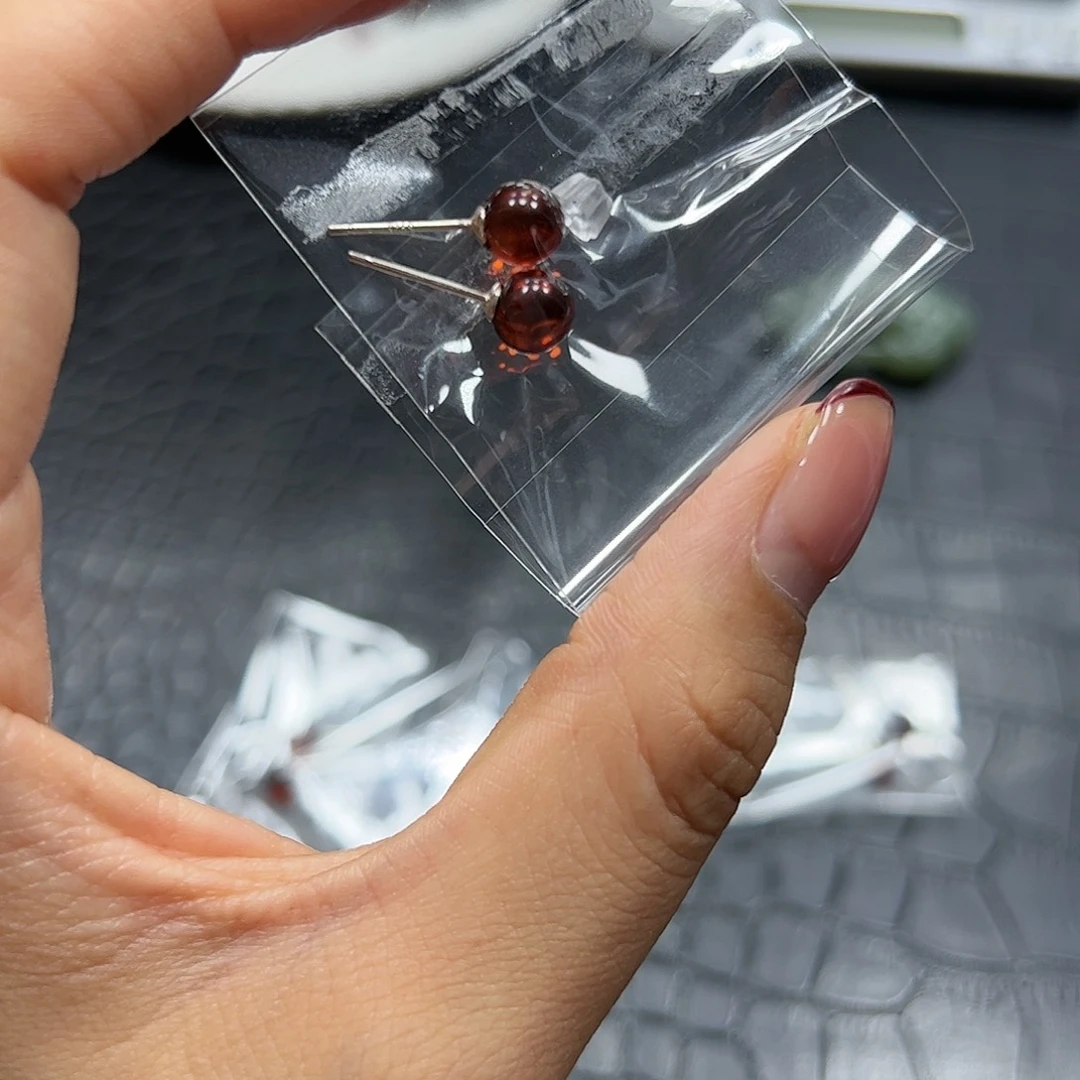 烟晶手链银S925镶嵌血珀圆珠耳钉