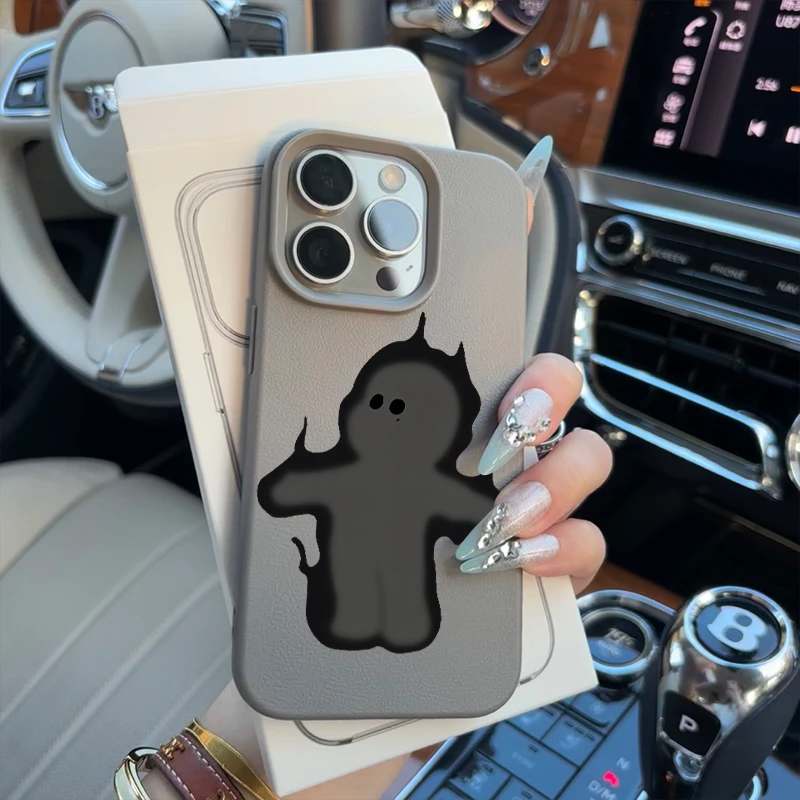 BANCA可爱黑火人适用苹果16promax手机壳15荔枝纹14/13防摔12软11